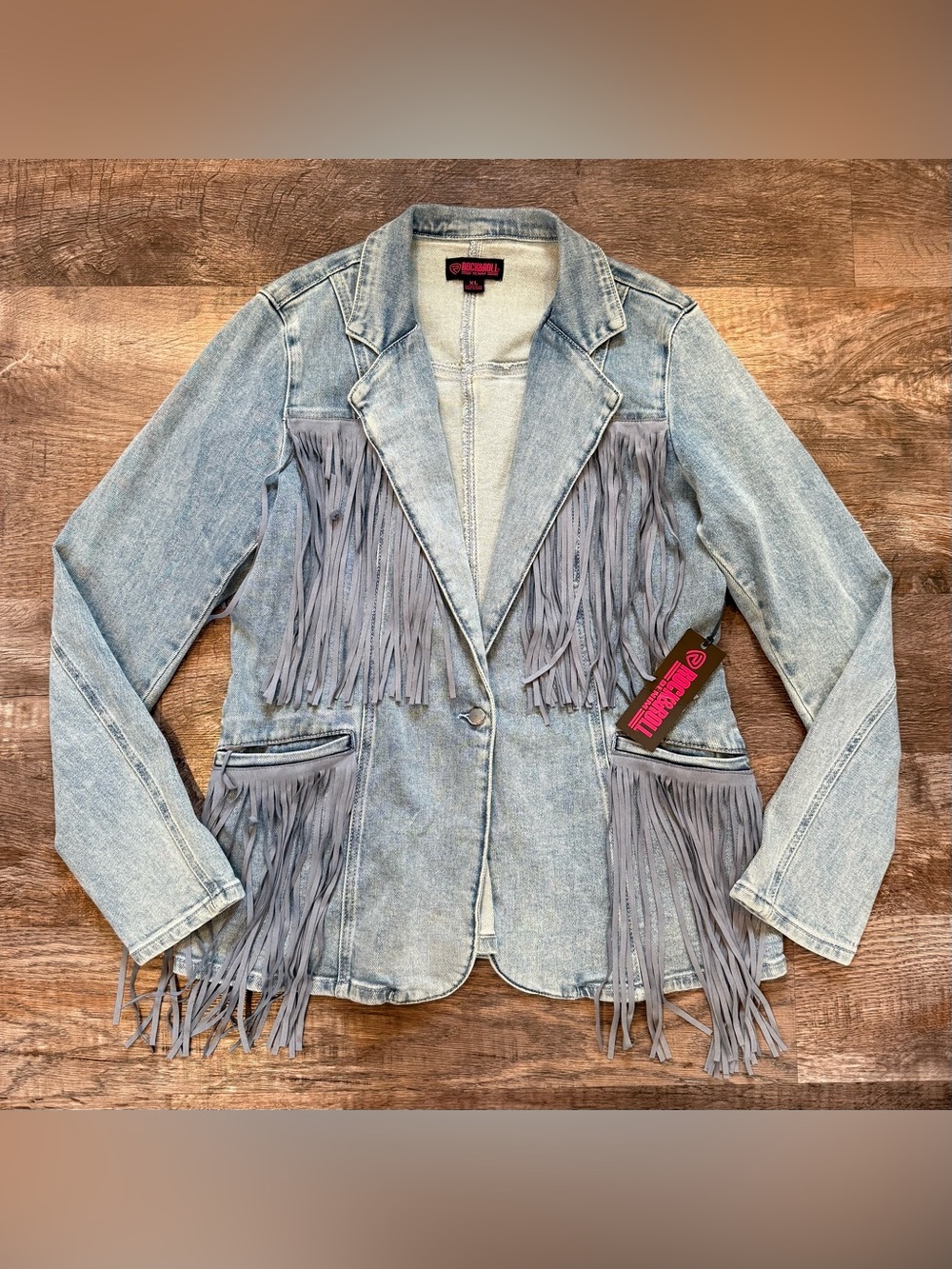 NWT Rock & Roll Denim Fringe Denim Blazer Jacket Western Rodeo Cowgirl Boho XL